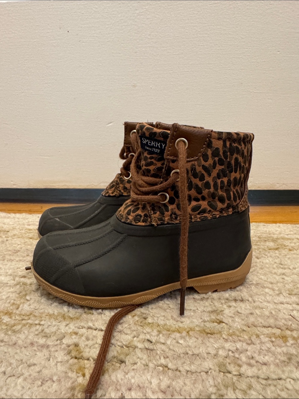 Sperry Girls Black Rubber Boots with Leopard-Print Upper and Brown Trim